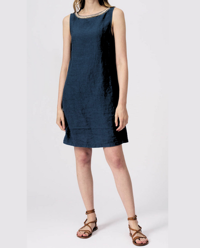 120% Lino Navy Blue Applique Dress