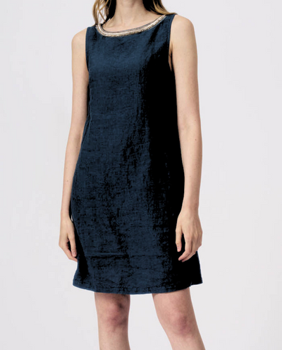 120% Lino Navy Blue Applique Dress