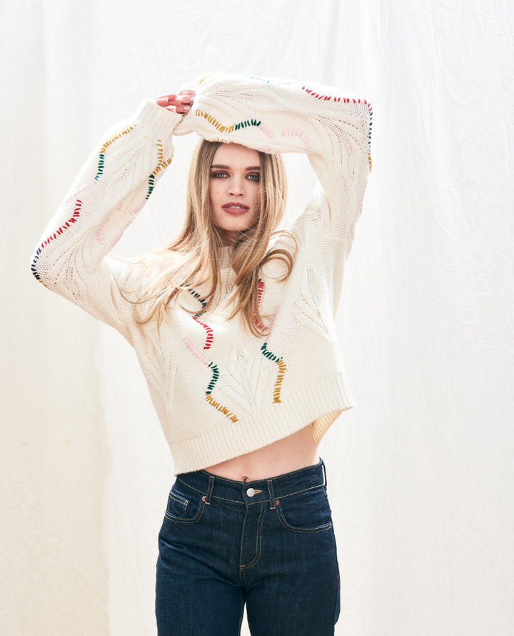 Jumper1234 Overstitch Cream Cable Turtle Knit