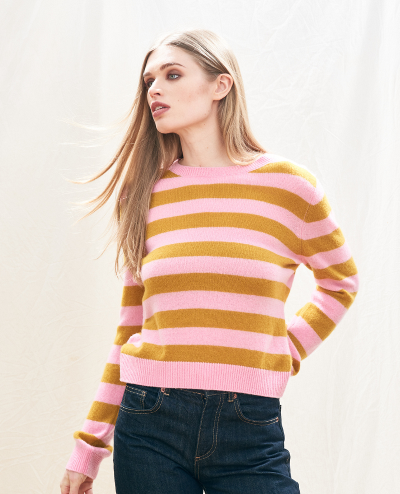 Jumper1234 Stripe Crew Knit Pink Mustard Cashmere Biscuit