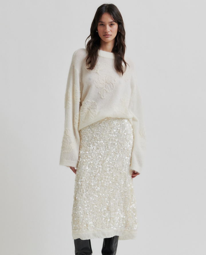 Second Female Shiny Cream Sequin Midi Skirt