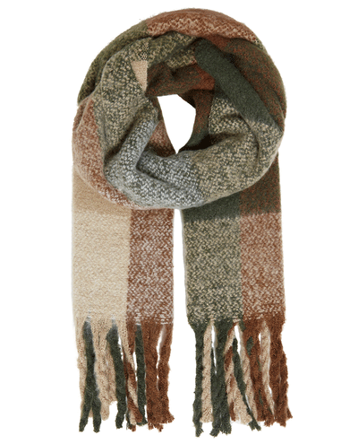 green, brown and beige winter scarf with chunky tassles 