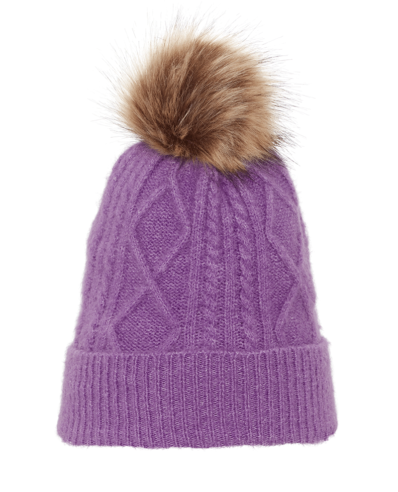 lilac knitted purple faux fur bobble pom pom hat 