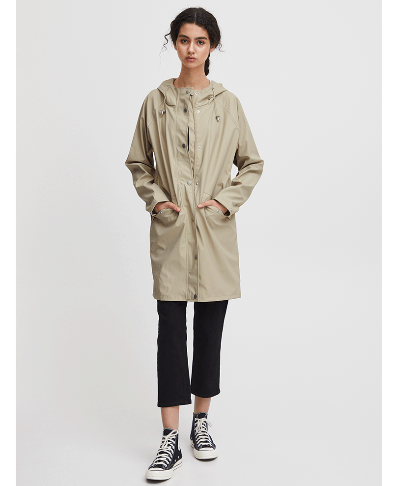 knee length brown ladies rain coat with hood and long sleeves