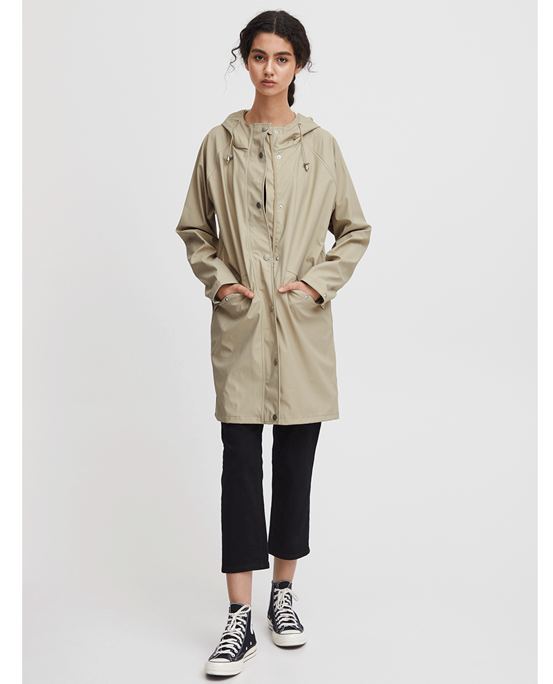 knee length brown ladies rain coat with hood and long sleeves 