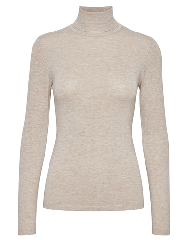 beige knitted women's lightweight slim fitting polo neck pullover sweater knit 