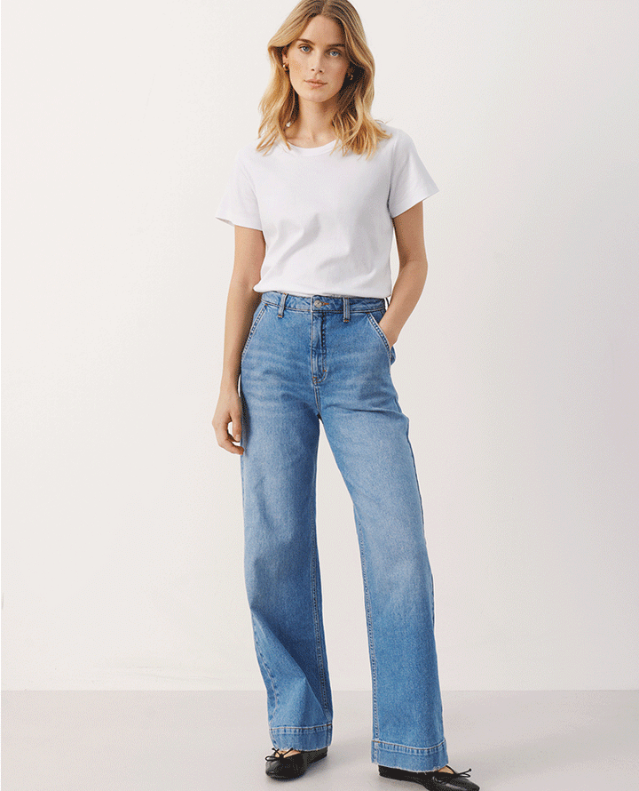 part two womens blue denim straight leg jeans  worn on  model with plain white basic t-shirt