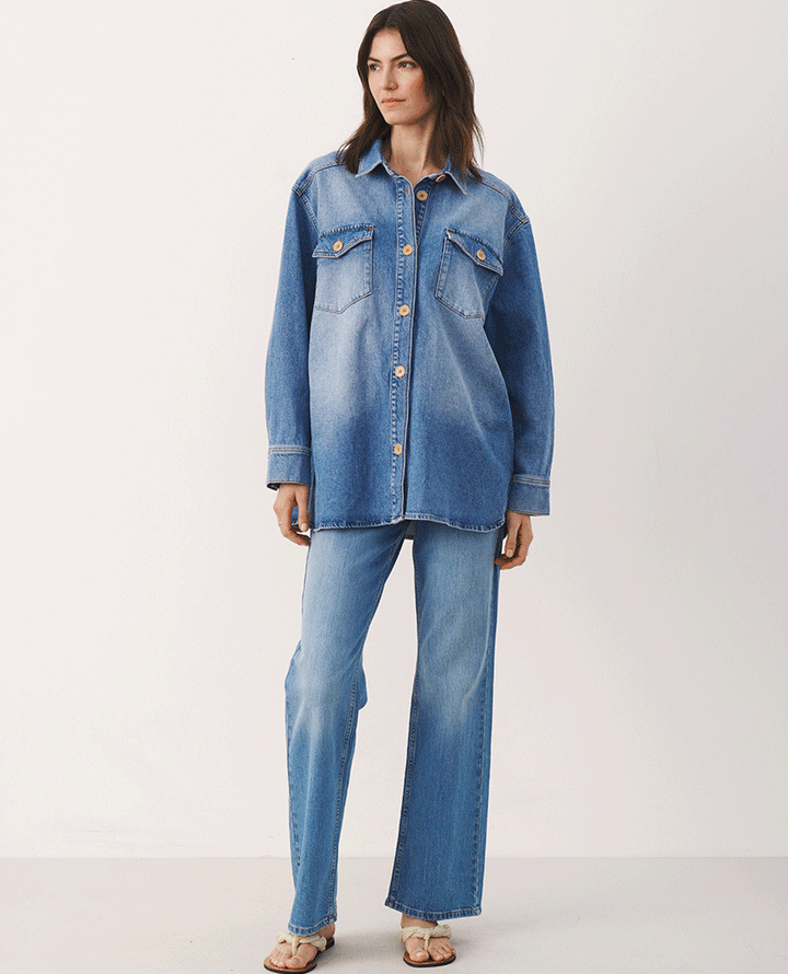 part two ladies blue denim straight leg jeans worn with matching blue denim shirt