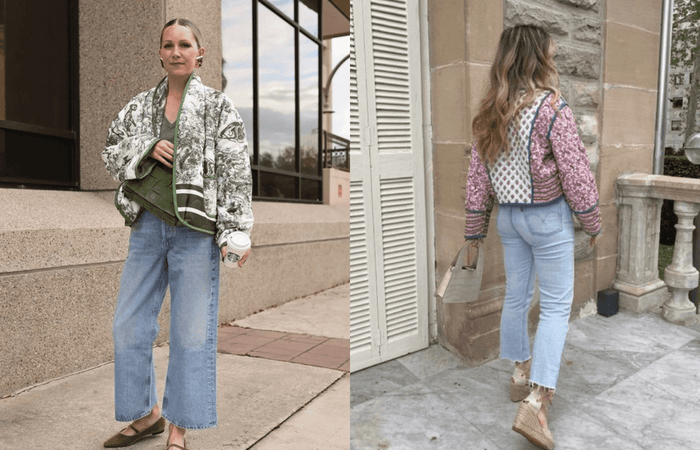 two ladies wearing colourful quilt print jackets