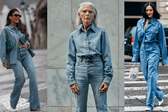three women in head to toe denim