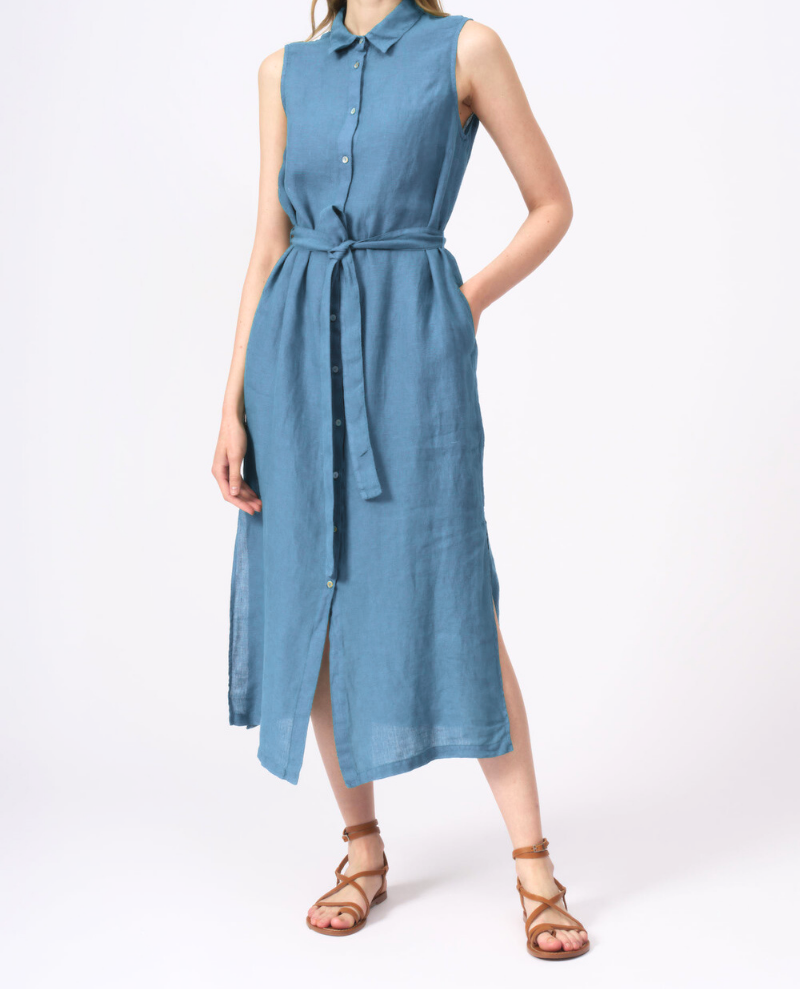 120% Lino Delft Blue Belted Dress