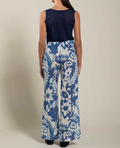 120% Lino Blue Printed Trousers