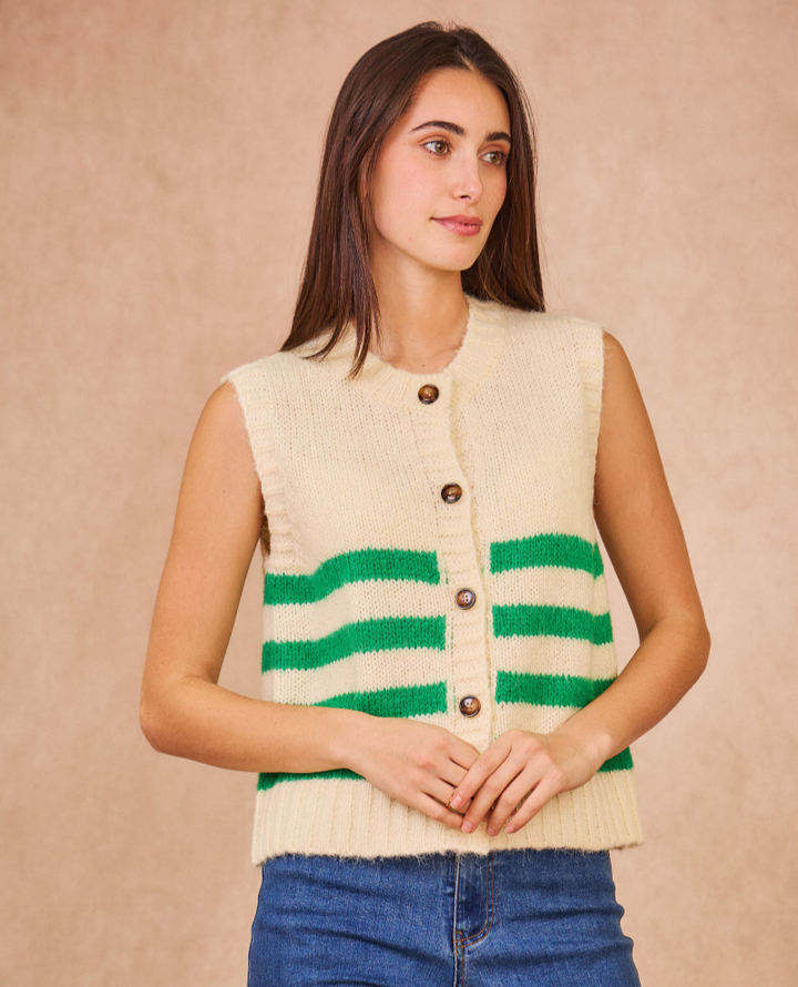 Calie Paris Martine Green Stripe Sleeveless Knit Cardigan