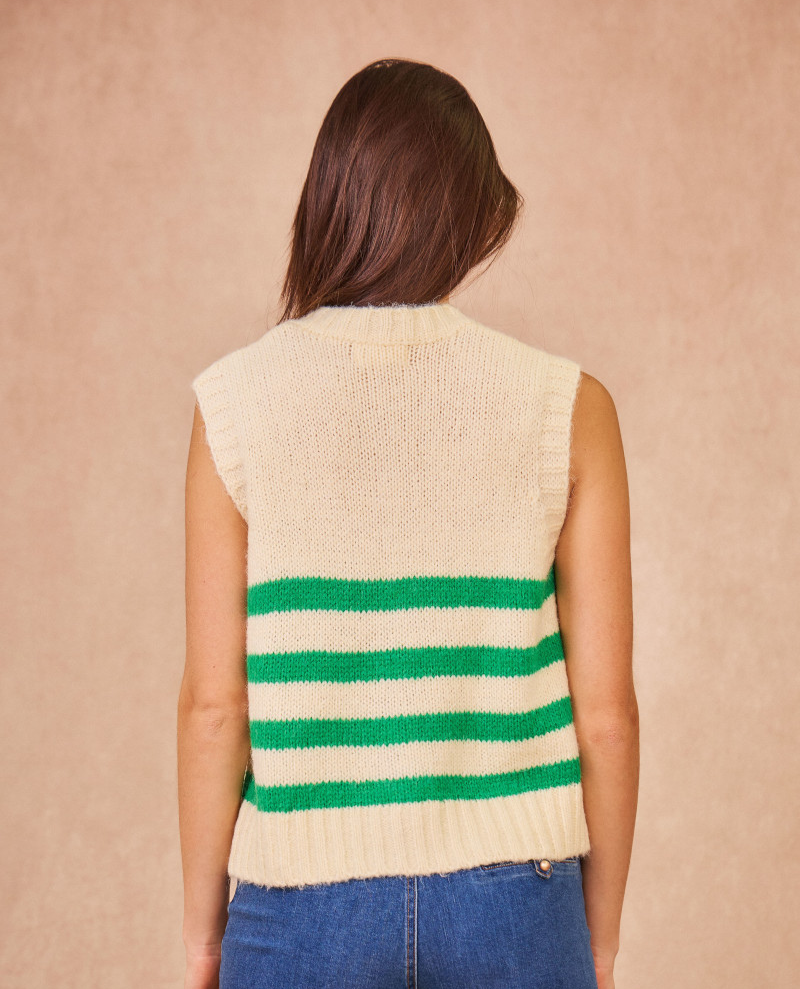 Calie Paris Martine Green Stripe Sleeveless Knit Cardigan