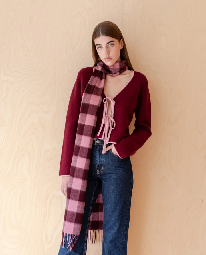 TBCo Lambswool Berry Gingham Skinny Scarf Popup
