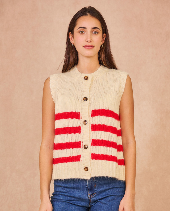 Calie Paris Martine Red Stripe Sleeveless Knit Cardigan