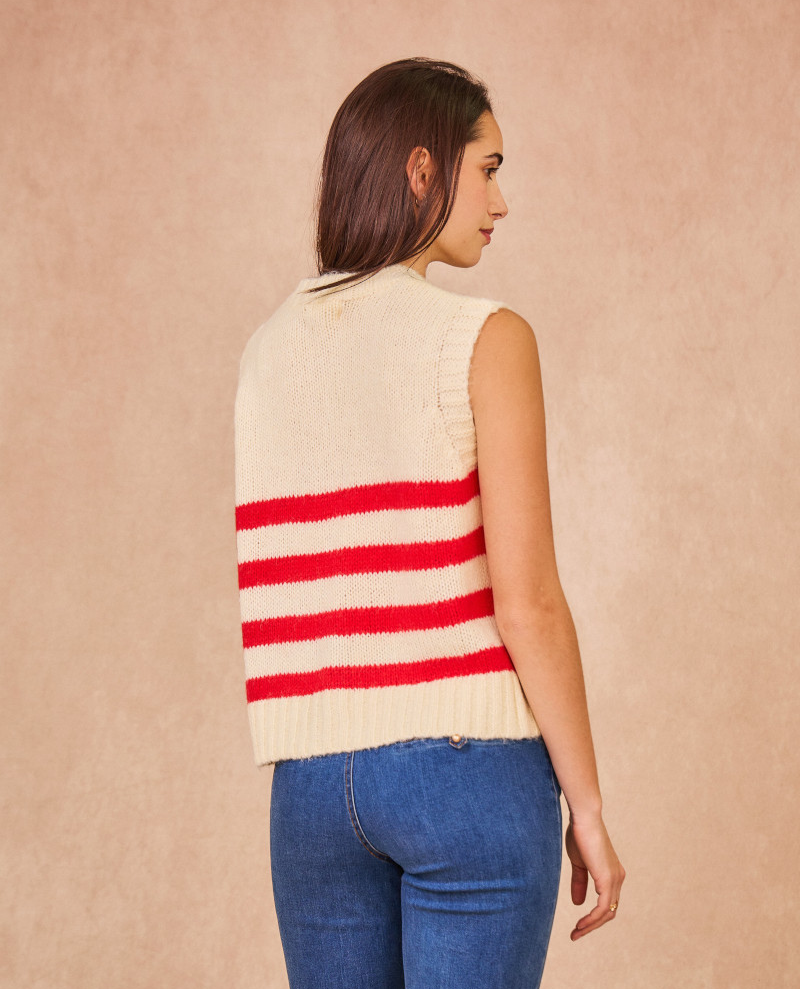 Calie Paris Martine Red Stripe Sleeveless Knit Cardigan