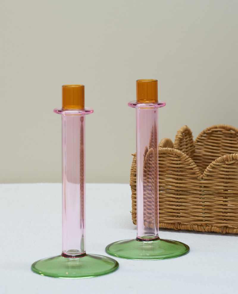 Glass Orange Green Pink Candlestick