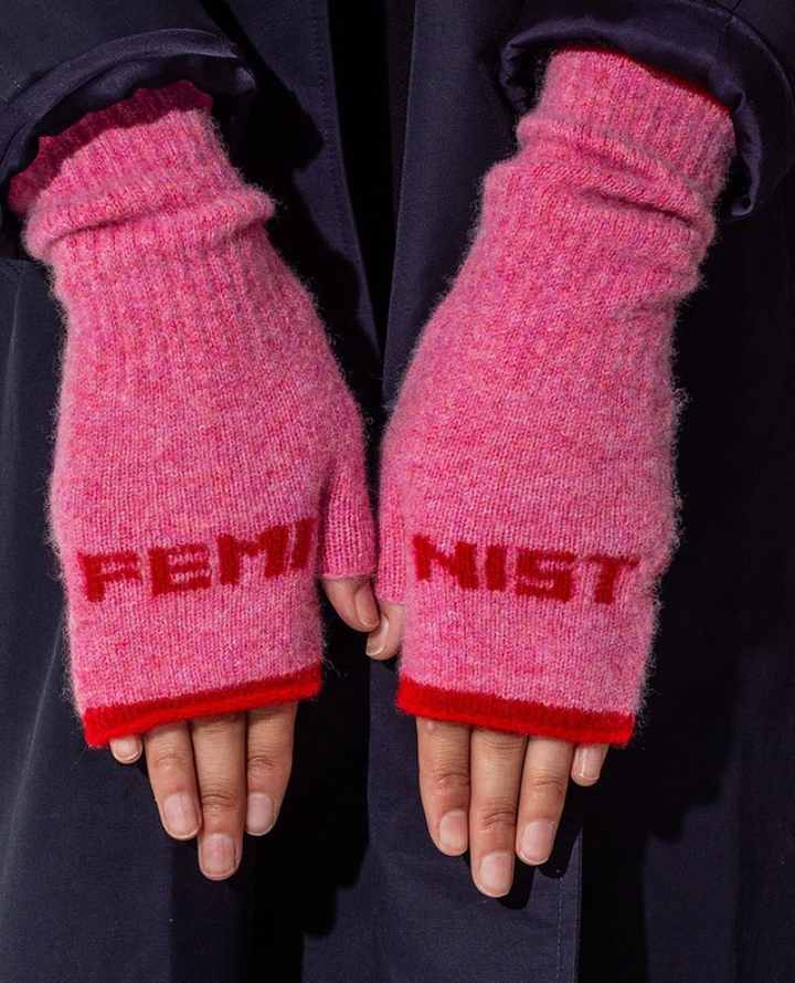 Black & Beech Pink Feminist Fingerless Mittens