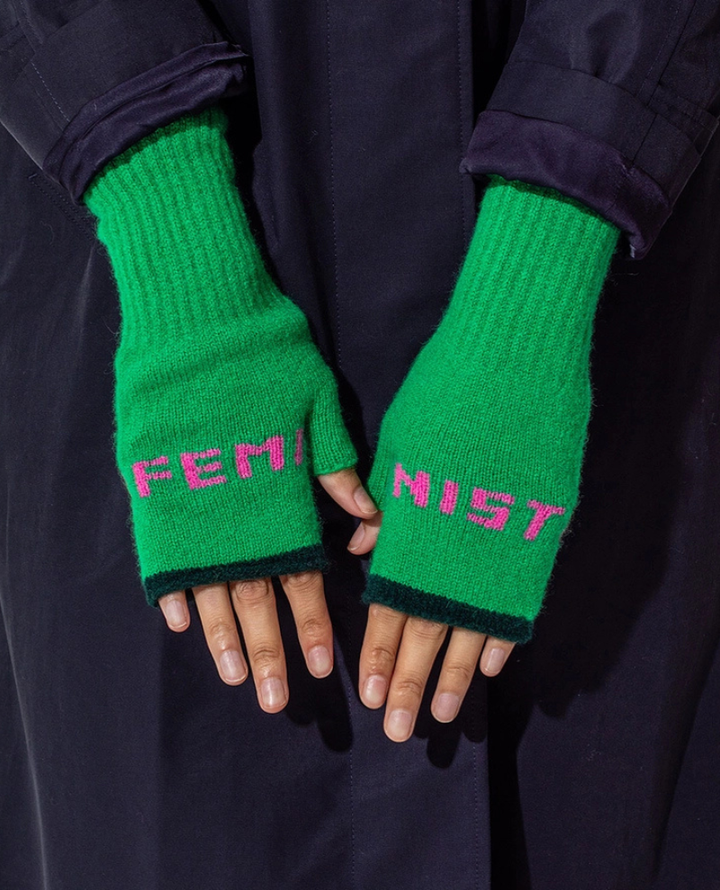 Black & Beech Green Feminist Fingerless Mittens