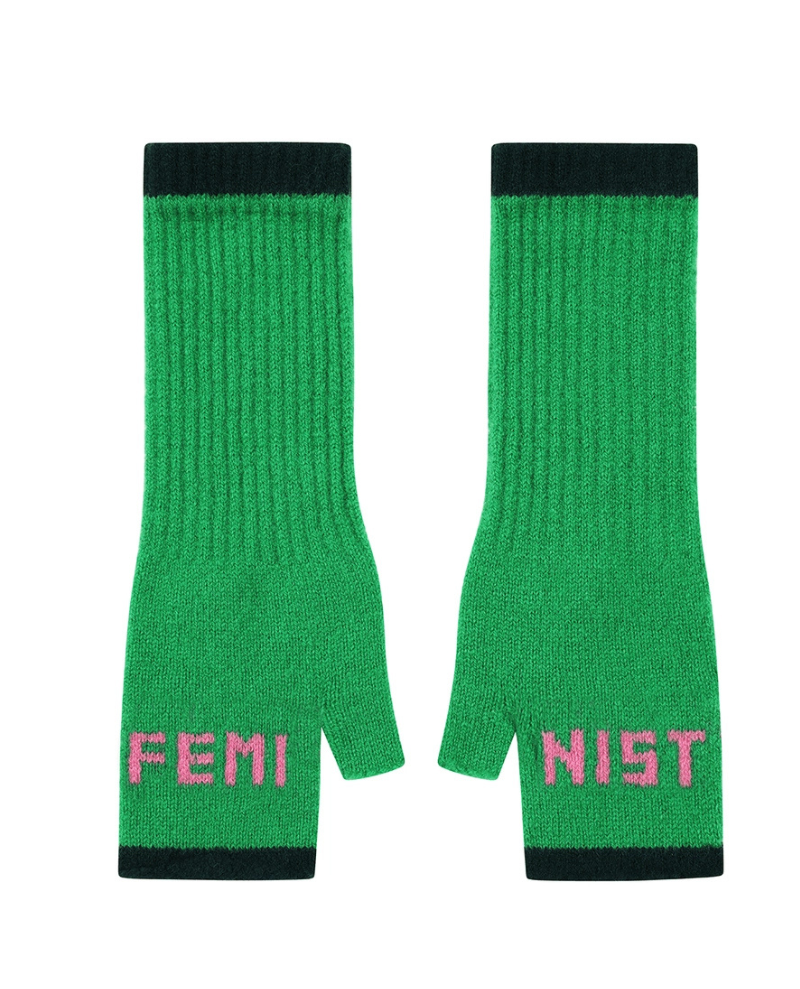 Black & Beech Green Feminist Fingerless Mittens