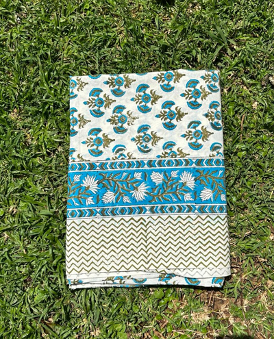 Block Print Blue and Olive Green Table Cloth Small