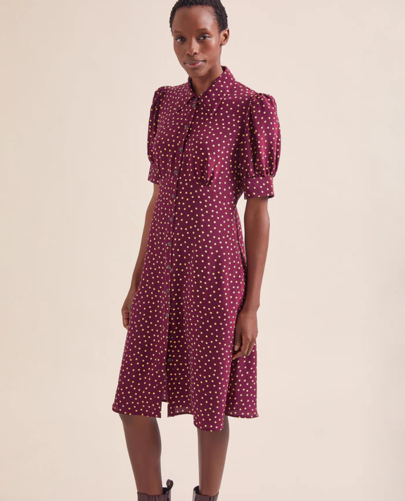 Cefinn Ivy Burgundy Gold Polka Dot Tea Dress Biscuit Clothing Ltd