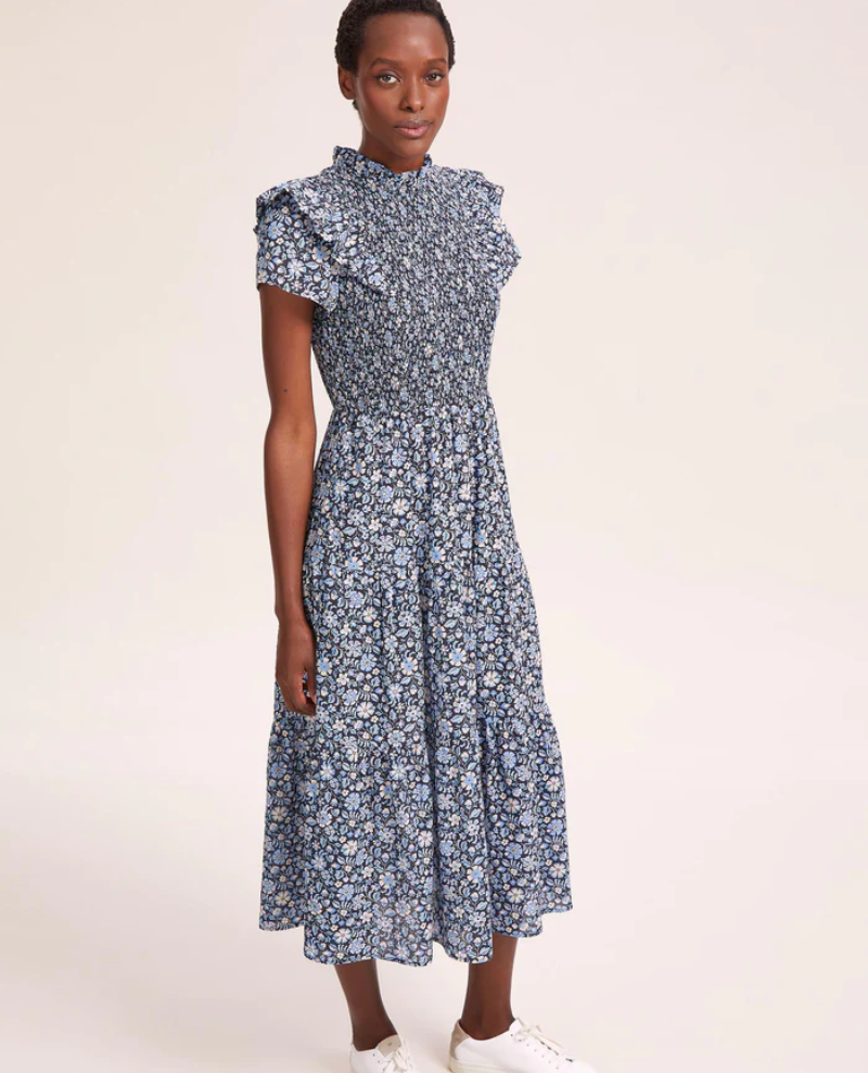 Cefinn Sabrina Blue Ditsy Carnation Print Maxi Dress