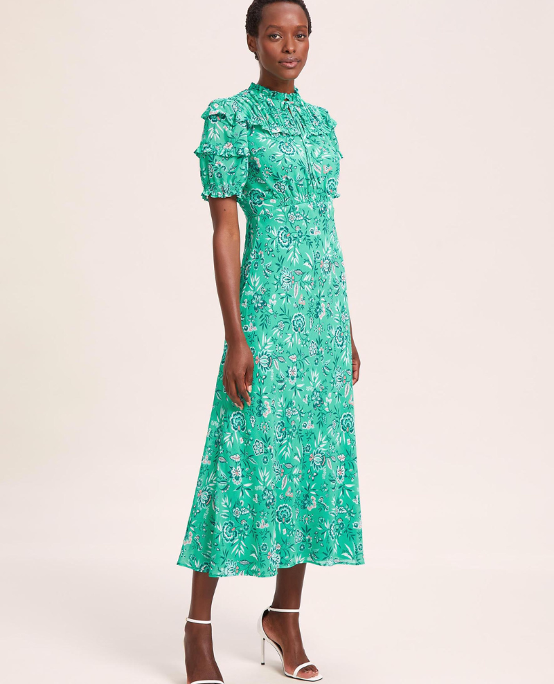 Cefinn Viola Green Palm Print Bias Cut Maxi Dress