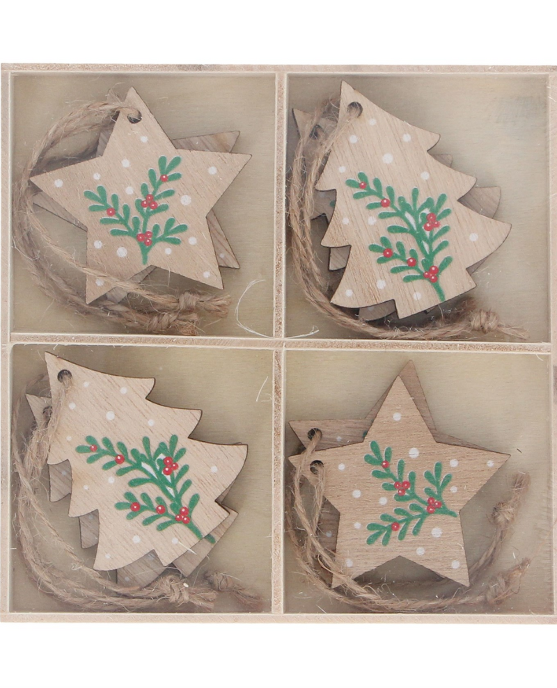 Gisela Graham Wood Tree/Star Decoration Set