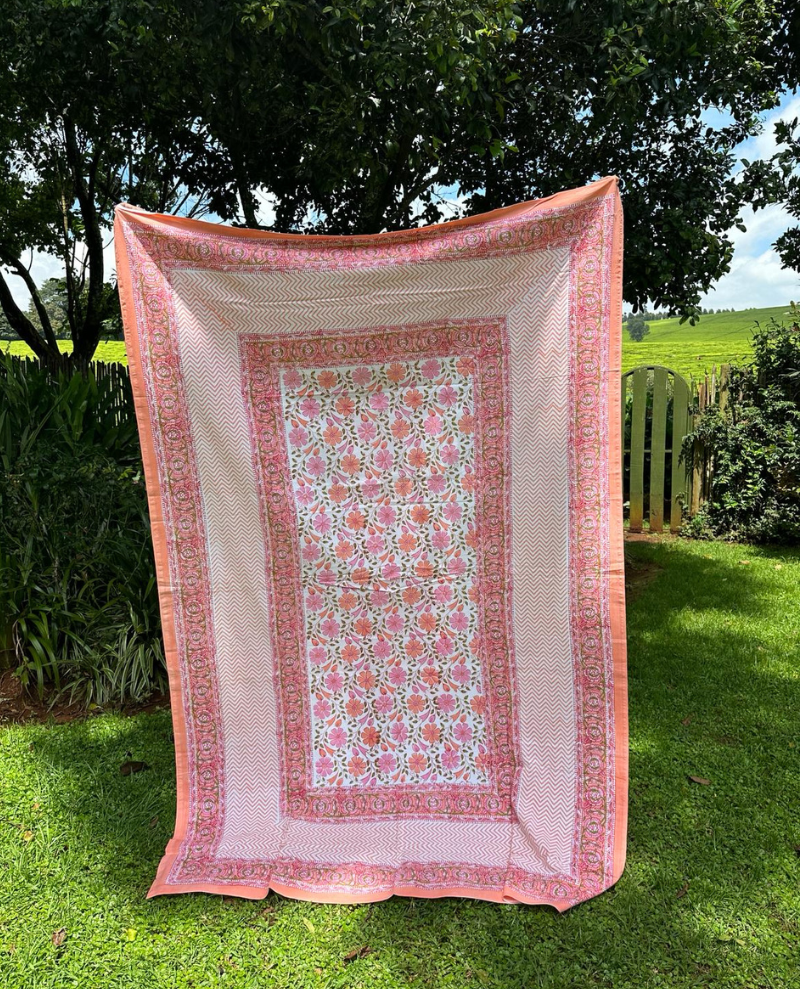 Block Print Coral & Pink Zigzag Table Cloth Small