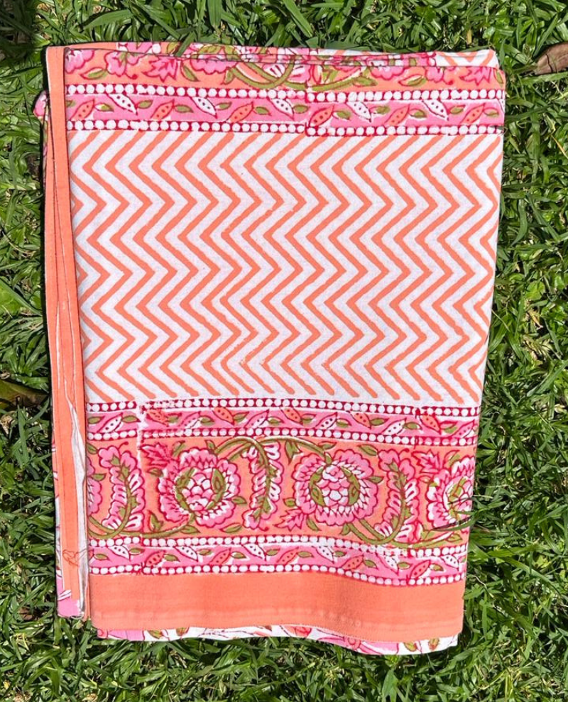Block Print Coral & Pink Zigzag Table Cloth Small