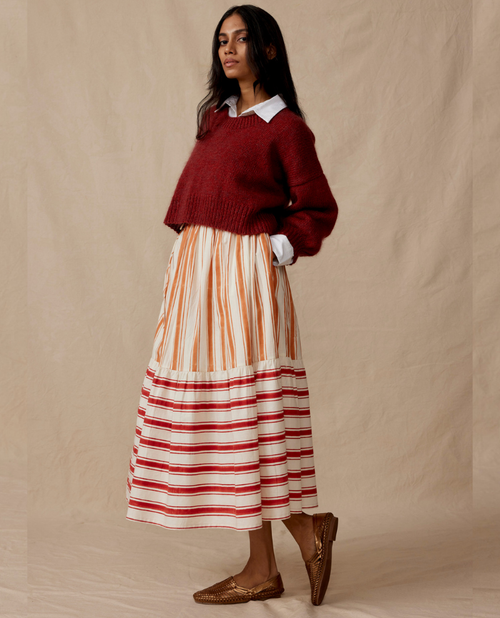 Daydress Drawstring Red Ticking Stripe Midi Skirt