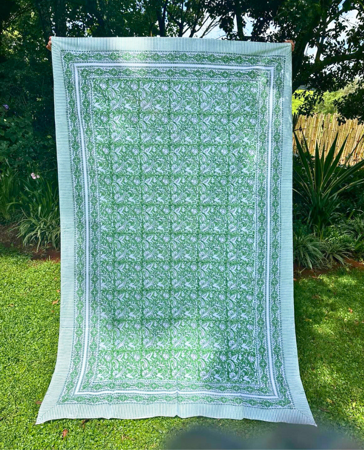 Block Print Green and White Table Cloth Small
