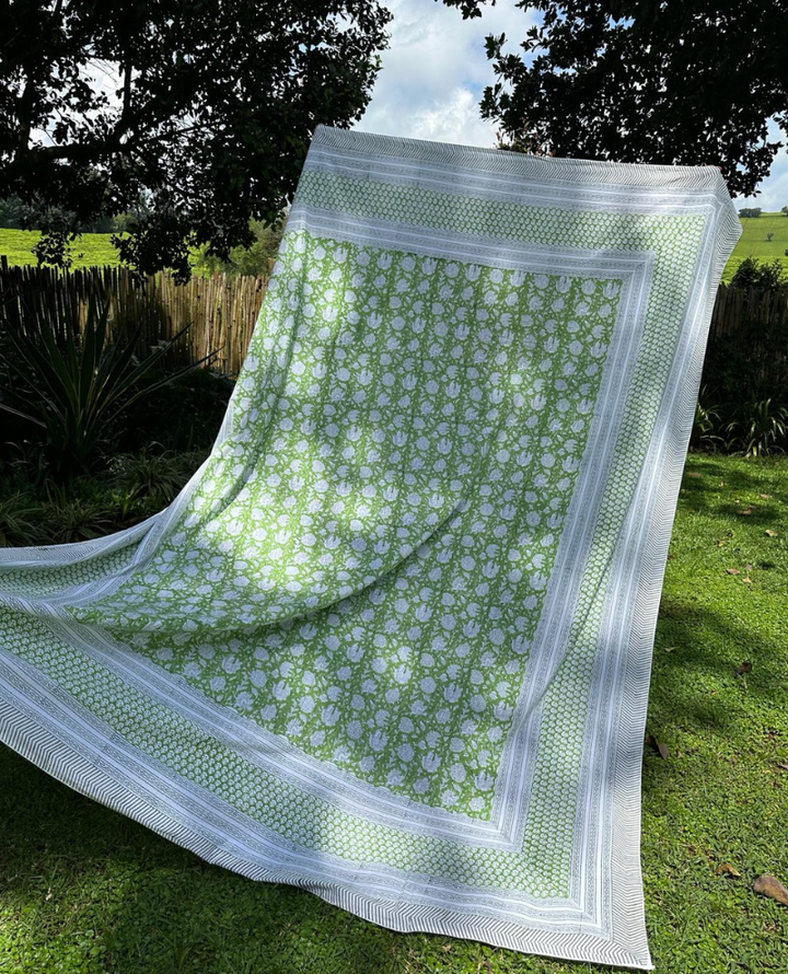 Block Print Green Floral Table Cloth Large