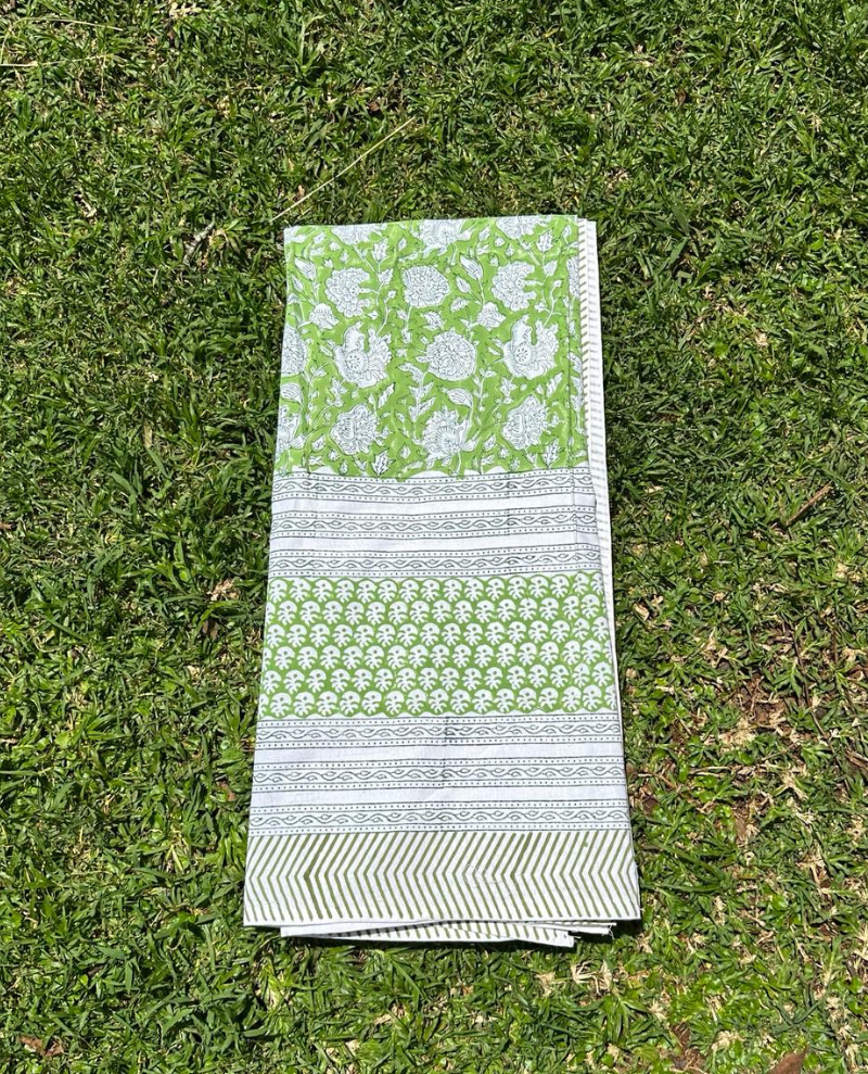 Block Print Green Floral Table Cloth Large