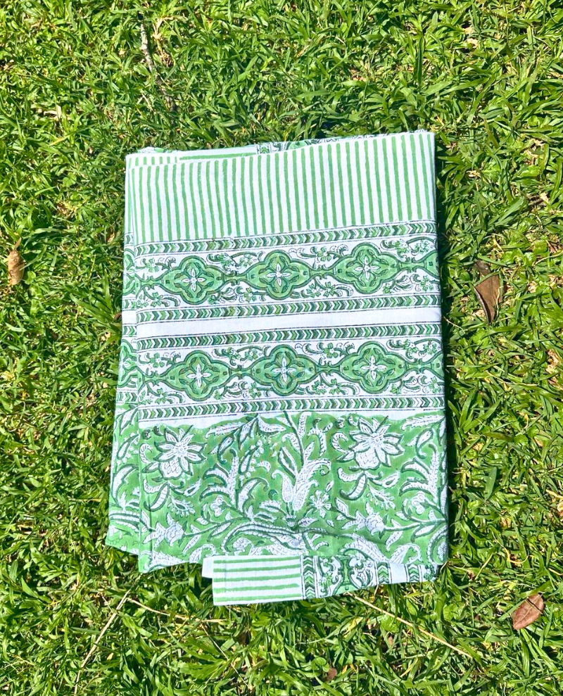 Block Print Green and White Table Cloth Small