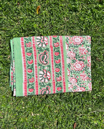 Block Print Green and Pink Floral Table Cloth Small
