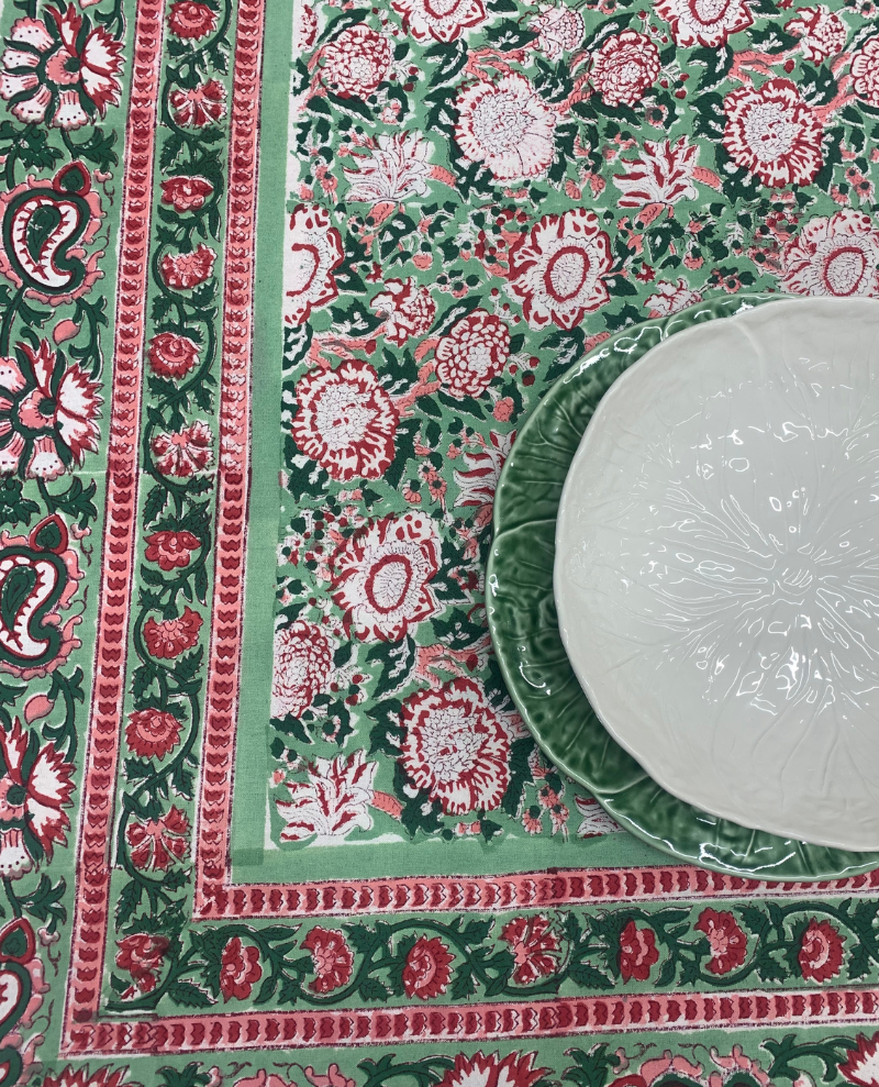 Block Print Green and Pink Floral Table Cloth Small