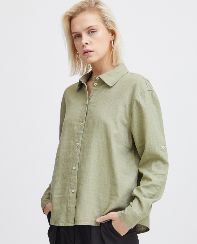 Ichi Lino Vetiver Green Linen Shirt