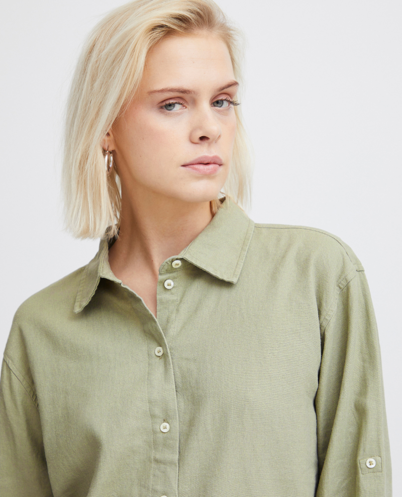 Ichi Lino Vetiver Green Linen Shirt