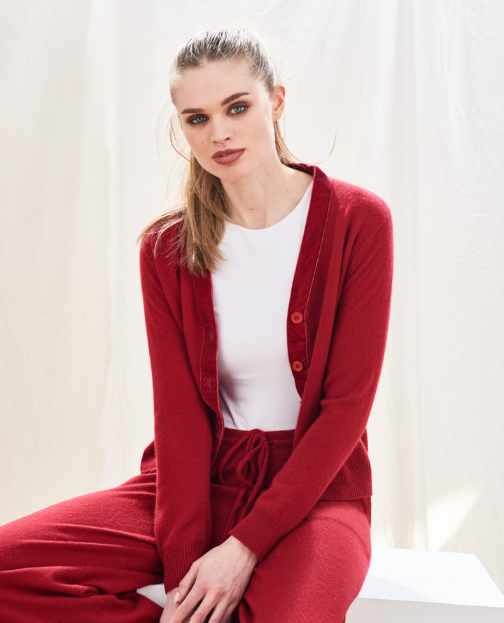 Jumper1234 Velvet Trim Claret Red Cardigan