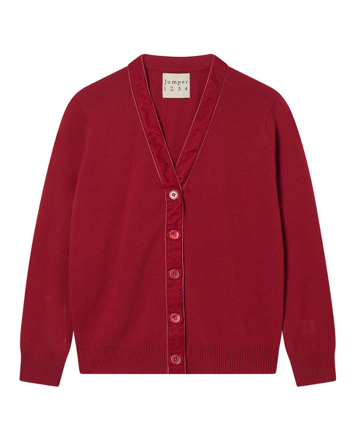 Jumper1234 Velvet Trim Claret Red Cardigan