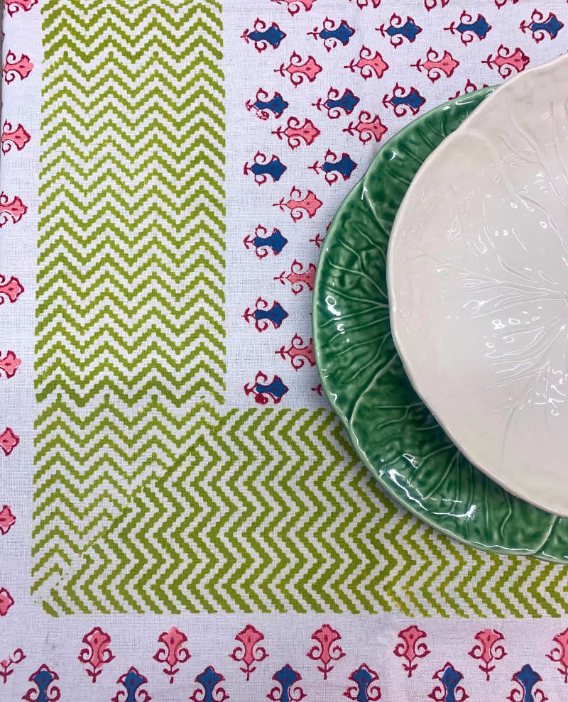 Block Print Lime Green and Pink Table Cloth Small