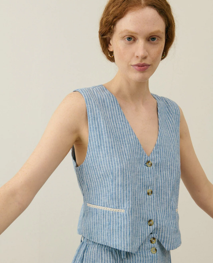 Louise Misha Franckie Blue Stripe Waistcoat