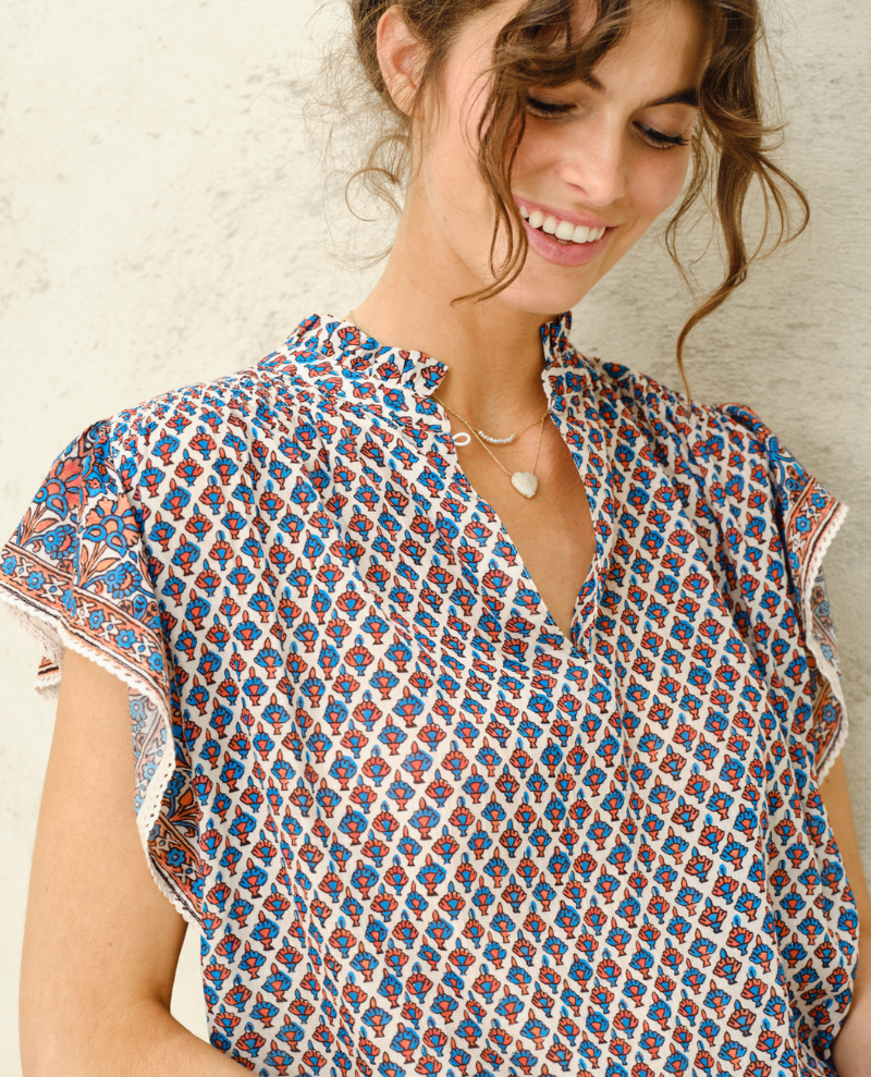 Mabe Viti Orange Turquoise Short Sleeve Top