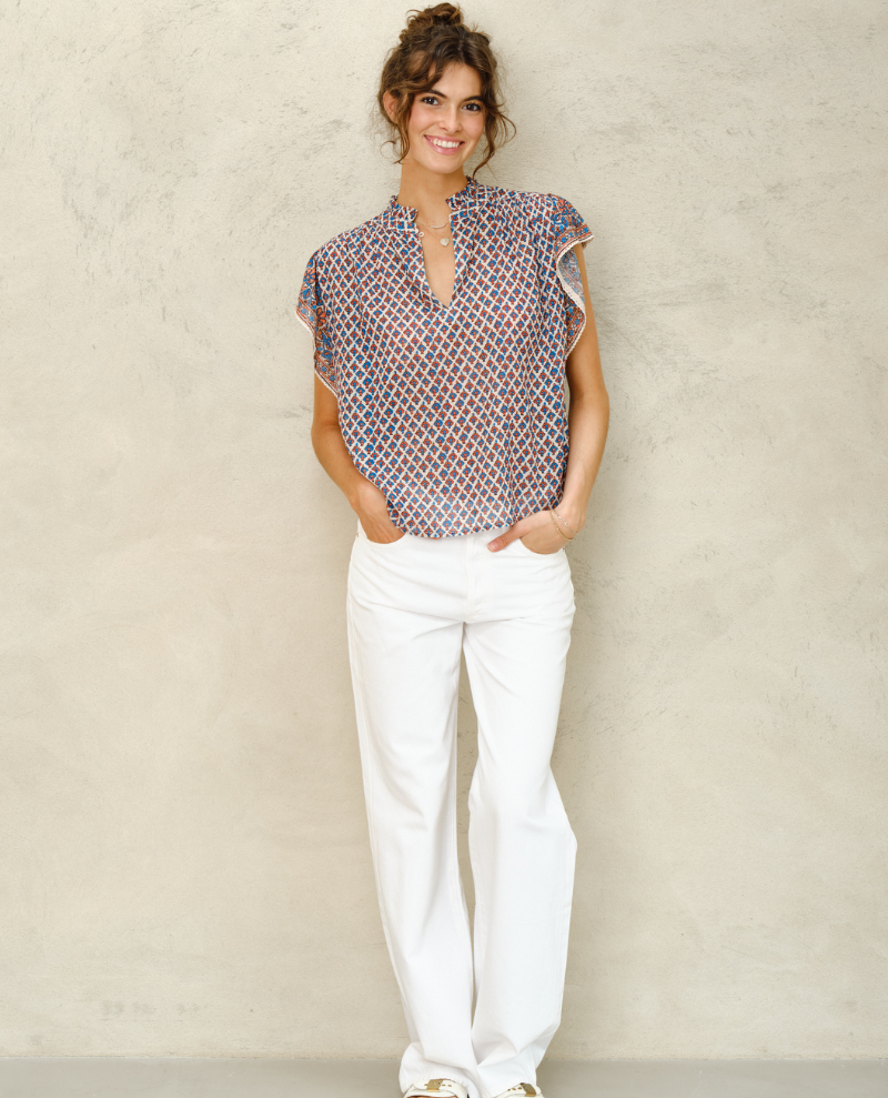 Mabe Viti Orange Turquoise Short Sleeve Top