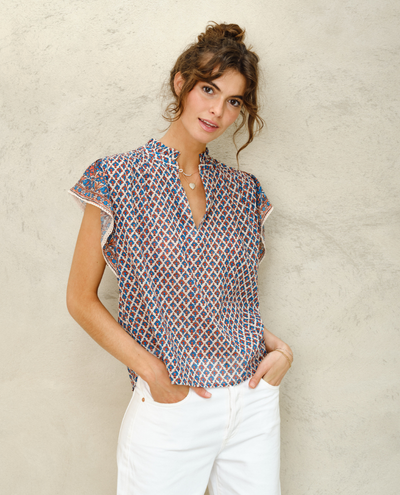 Mabe Viti Orange Turquoise Short Sleeve Top