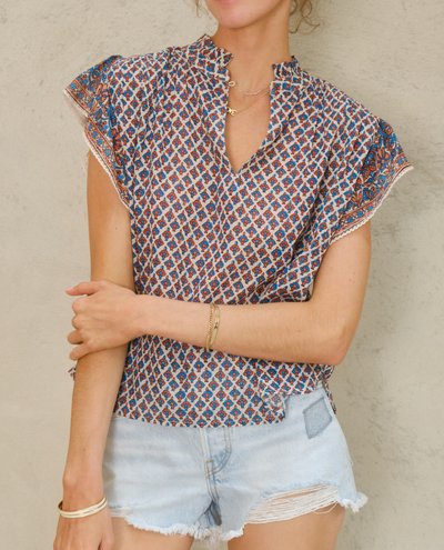 Mabe Viti Orange Turquoise Short Sleeve Top
