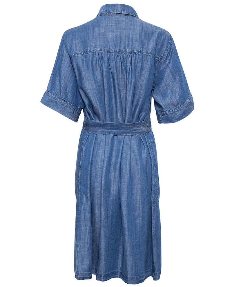 part two blue chambray denim midi shirt dress with short sleeves and pockets
